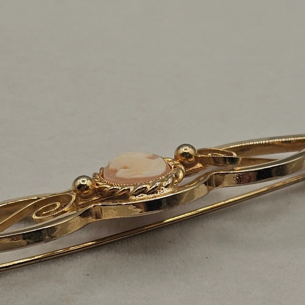 Gold Tone Cameo Bar Brooch Filigree Portrait 3